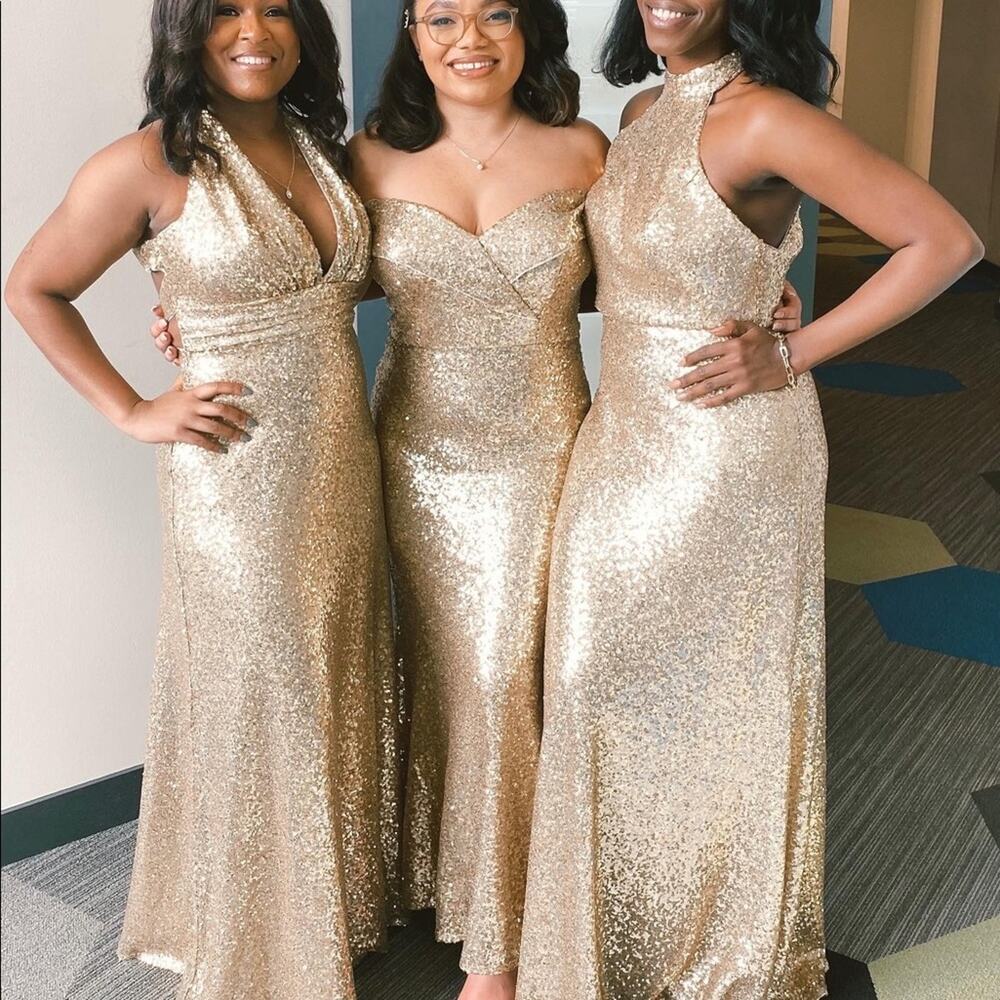 Revelry Bardot Dress in Gold.